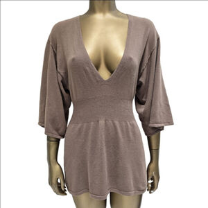 Vintage Deep V-Neck Sweater Tunic Dress Taupe